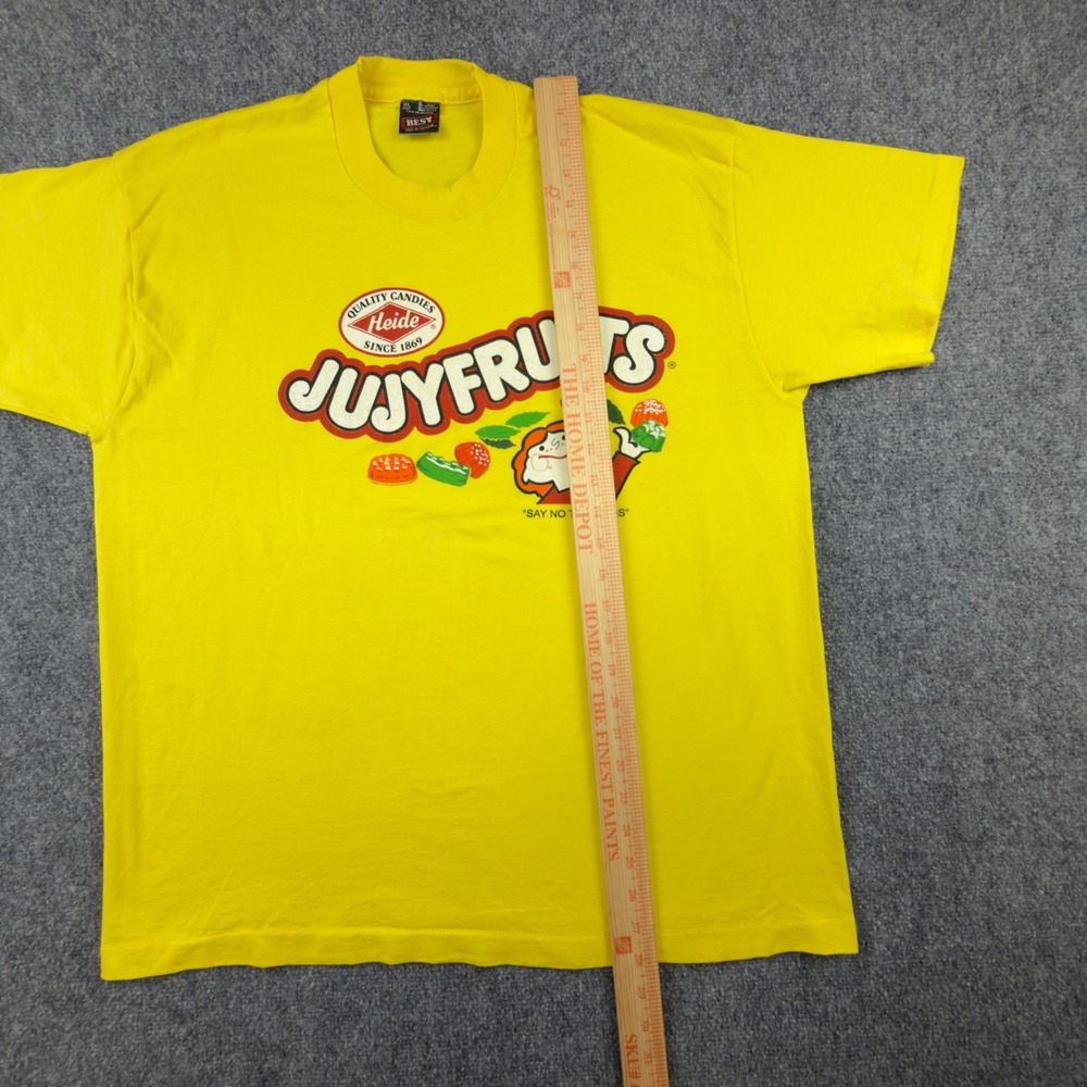 Vintage 80s Jujyfruits Say No To Drugs T Shirt XL Yellow Fruit of the Loom Best - Picture 7 of 8